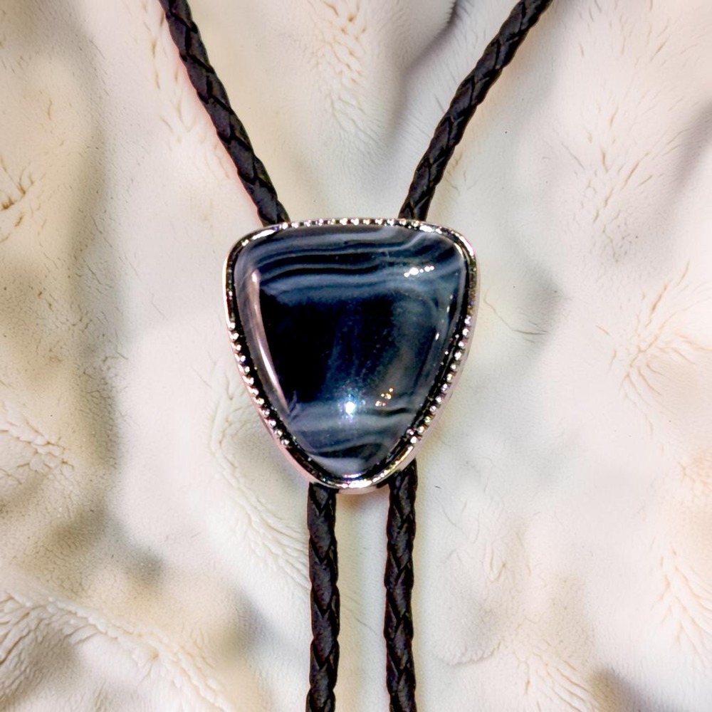 New Black Agate Triangle Stone Braided Black Cord Bolo Tie Western Festival